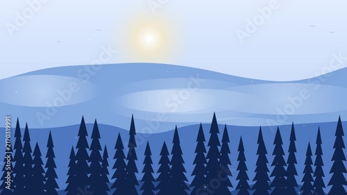 Pine forest landscape illustration with misty hills and sun