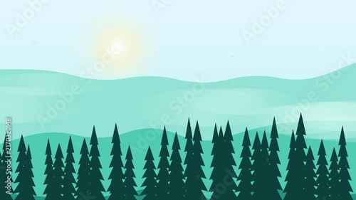 Pine forest landscape with sun and misty rolling hills background