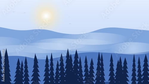 Blue mountain landscape with pine forest silhouette and glowing sun