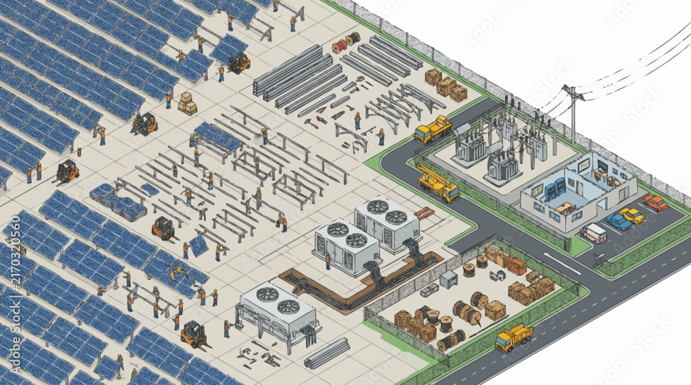 Fototapeta premium Isometric solar power plant layout presenting an expansive installation with logistics areas and substations.