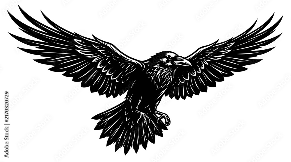 Fototapeta premium Raven spreads its majestic wings wide in a powerful black and white ink illustration that captures the bird in flight with intricate feather details and a sharp, focused expression.