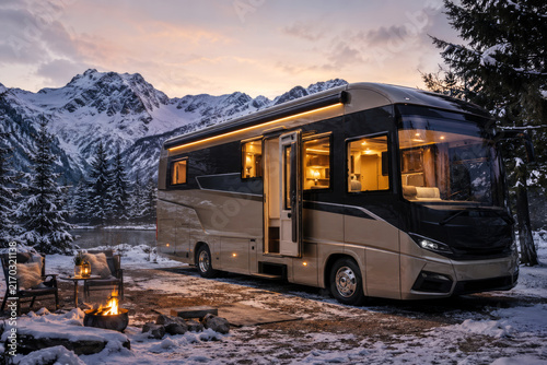 Luxury motorhome parked near snowy mountains with warm interior lights glowing through large windows, creating a cozy winter retreat. Comfort and adventure travel concept