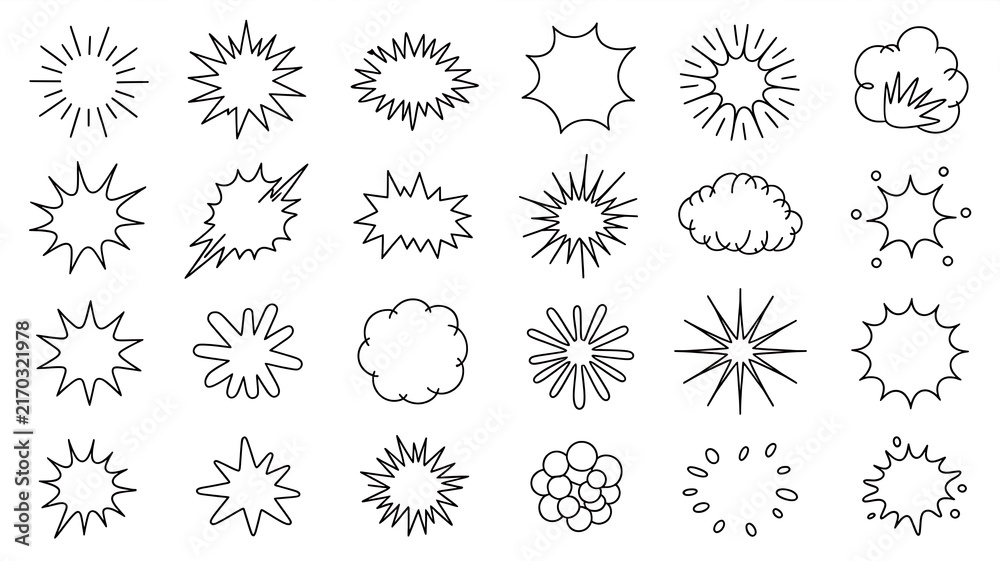 Obraz premium Starbursts and explosion shapes form a set of black line art design elements.