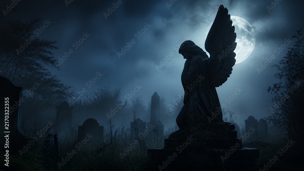 Fototapeta premium Stone Angel Statue In Moonlit Foggy Cemetery