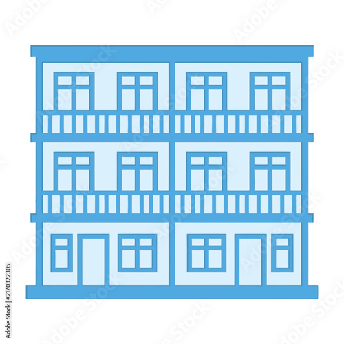 Blue apartment building icon with balconies and windows illustration