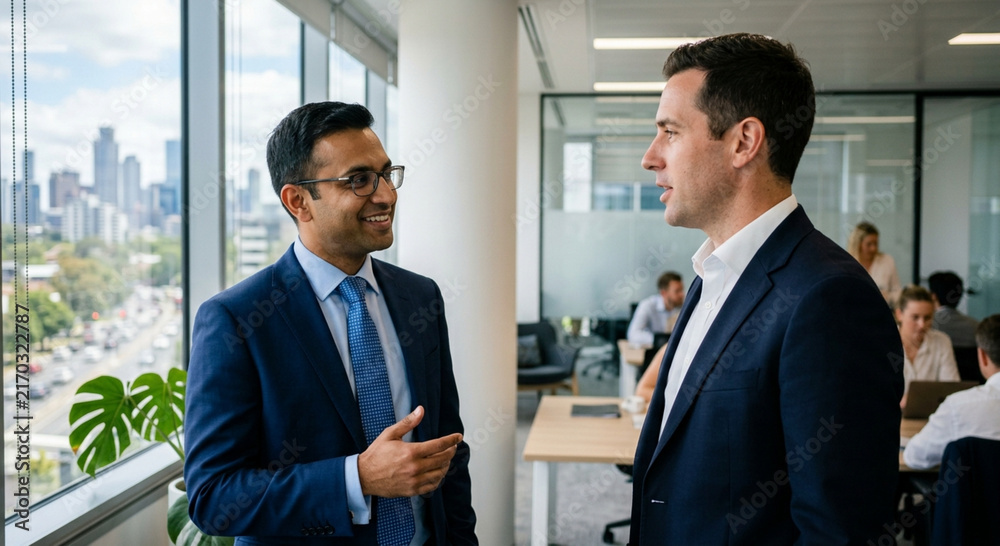 Fototapeta premium Two Diverse Businessmen Discussing Strategy in Modern Corporate Office