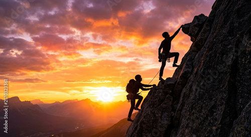 Silhouette of Two Rock Climbers Scaling Steep Mountain Peak at Sunset