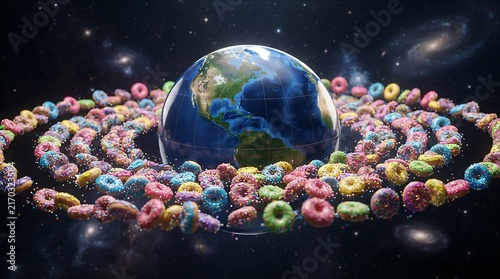Colorful glazed donuts orbiting around blue earth in deep dark space