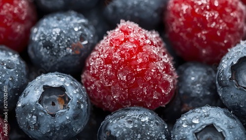 Frozen Blueberries and Raspberries Covered with Ice Crystals in Extreme Macro