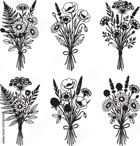 set of black silhouettes of flowers