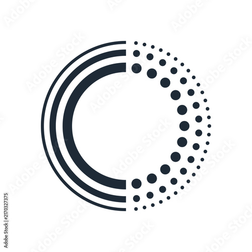 Minimalist geometric design. Emblem split into solid concentric lines on one half and a halftone dotted pattern on the other.