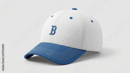 White and blue baseball cap with embroidered logo.