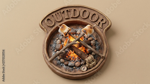 Outdoor cooking emblem with campfire and marshmallow sticks.
