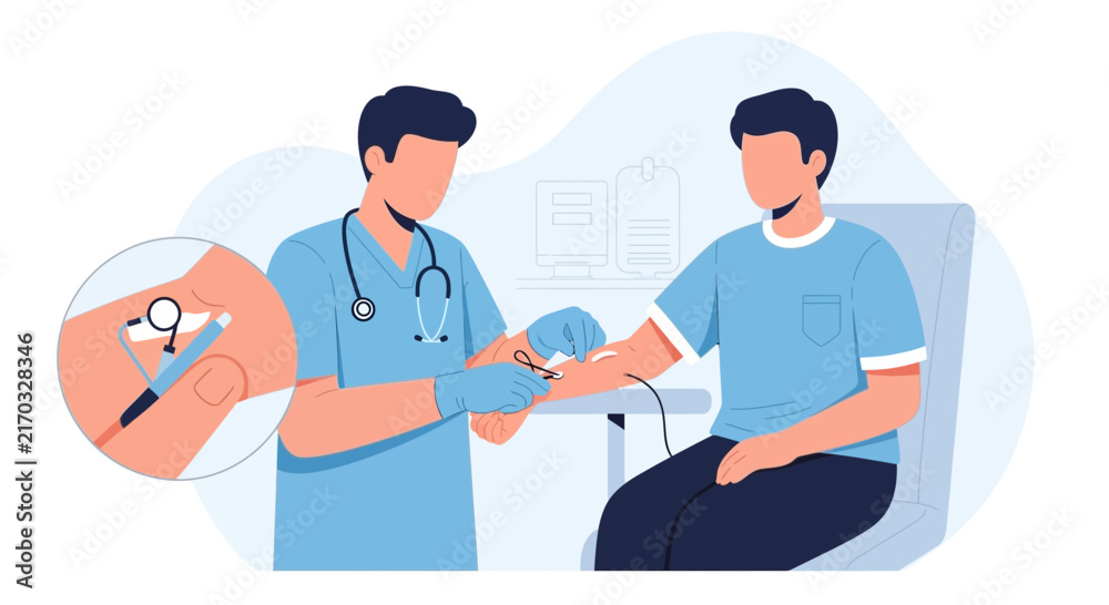 Fototapeta premium Medical professional performing blood draw on patient, close-up on syringe