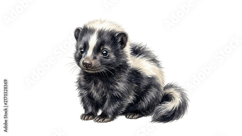 Cute baby skunk sitting with fluffy tail.