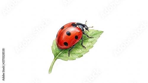 Bright red ladybug resting on green leaf.