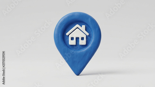 Blue location pin with white house icon.