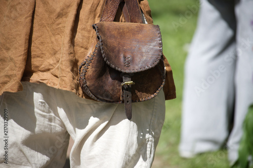 Canvas Print Rustic Leather Pouch On Waist With Historical Costume At Outdoor Reenactment Fes