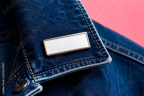 Blank name badge on denim jacket collar, white sticker paper, metal pin on blue jean material, copy space for identity label, business concept