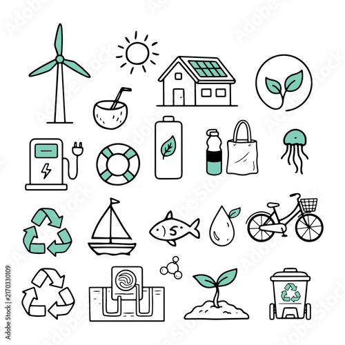 Ecology and Green Energy Doodle Vector Line Icon Set