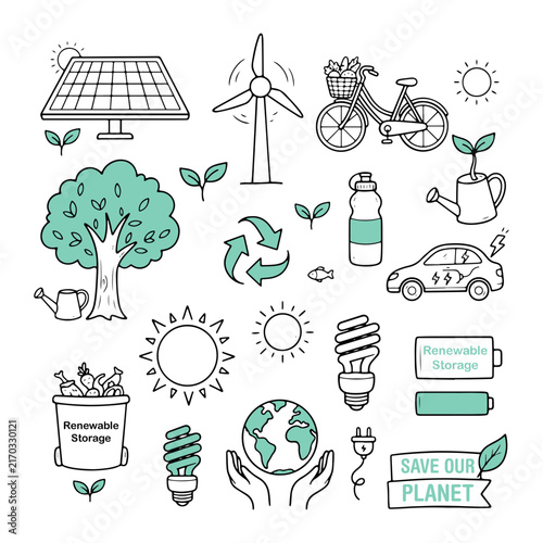 Renewable Energy and Eco Sustainability Vector Line Art Doodle Icon Set