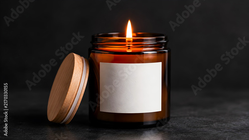 Luxury Amber Scented Candle Jar With Blank White Label And Copper Lid On Dark Background. Warm Glow. Self Care, Spa, Aromatherapy Mockup Concept. Home Interior Decor.