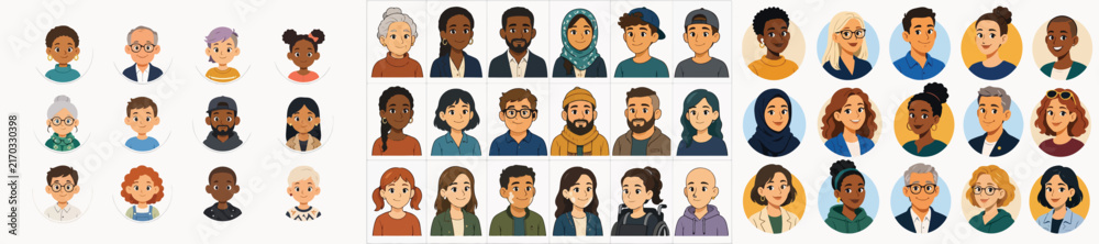 Fototapeta premium Vector Collection of Diverse Cartoon Avatars on a White Background