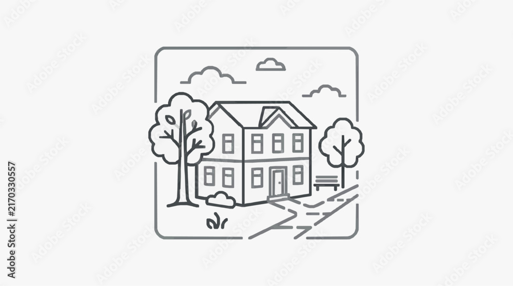 Fototapeta premium Minimalist Line Drawing of Residential House with Trees and Bench in Park Setting