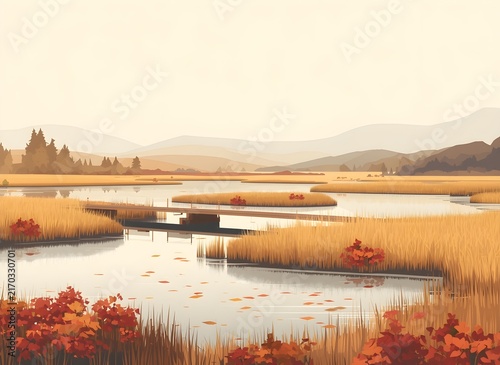 Tranquil Autumn Wetland with Wooden Footbridge