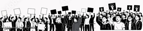 Black and white vector illustration of a protesting crowd with people holding signs and raising fists in the air symbolizing social unrest and activism white background