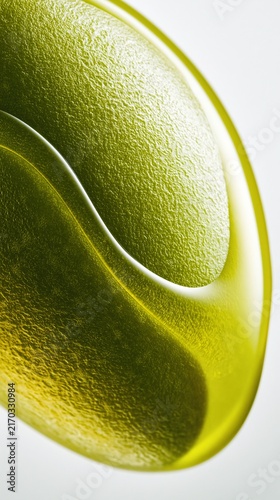 Extreme macro close-up of fresh green olive oil droplet with organic liquid texture