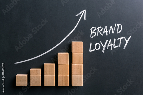 Wooden blocks form a rising bar chart on a chalkboard with an arrow representing increasing brand loyalty. Success and marketing development strategy concept.