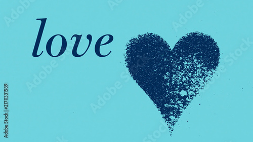 Minimalist digital art featuring the word love next to a textured dark blue heart. This design represents romantic concepts and emotional connection.