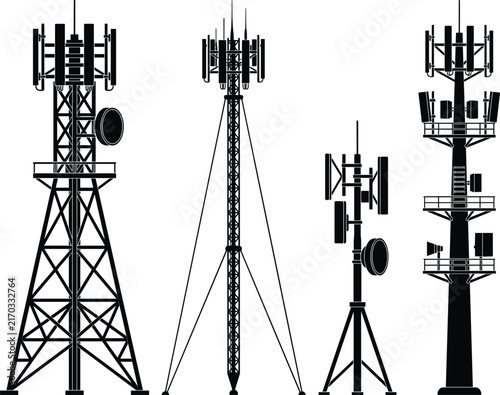 Black Silhouette Collection of Cellular Communication Towers and Wireless Antenna StructuresBlack Silhouette Collection of Cellular Communication Towers and Wireless Antenna Structures