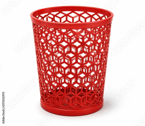 Empty red plastic waste bin with a decorative mesh pattern