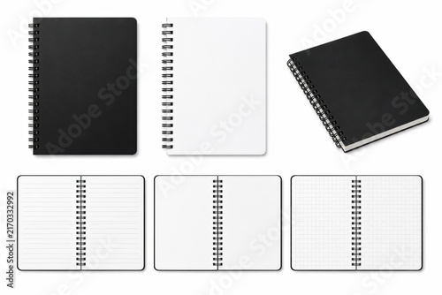 Black and white spiral notebooks with lined paper pages