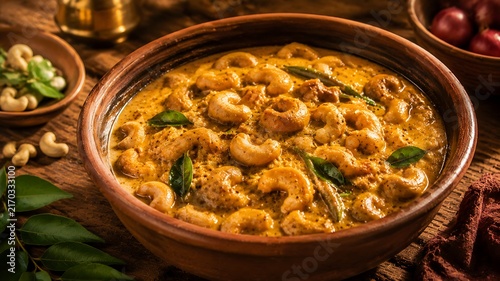 Authentic Sri Lankan cashew curry with creamy coconut gravy, roasted cashews and traditional spices served in clay bowl for vegetarian cuisine marketing