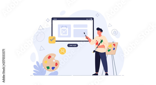 Artist creates digital interface design on computer, with palette and easel symbolizing creativity and digital art
