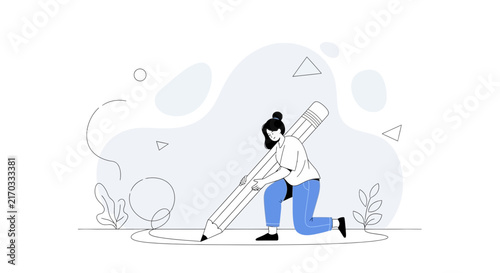 Artist drawing with giant pencil, vector illustration of creativity and design process, minimal flat style