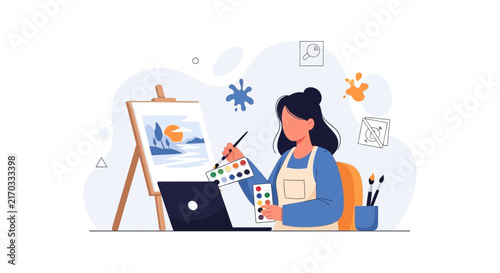 Artist painting a landscape on an easel, creative process, digital art inspiration