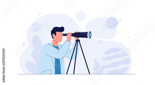 Astronaut looking through telescope at planets and stars, vector illustration of space exploration and discovery