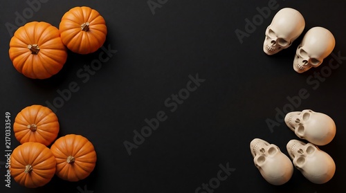 Top view of small orange pumpkins and human skulls arranged on a dark black background for halloween
