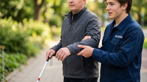 A young volunteer assists an elderly visually impaired man with a white cane as they walk together on a paved path outdoors.
