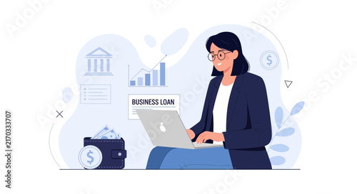 Business Loan Application Online - Woman Working on Laptop with Wallet and Financial Icons