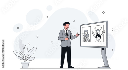 Business man presenting, pointing at screen with happy people illustrations, modern flat vector illustration