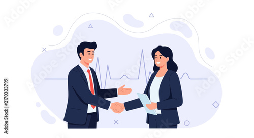 Business Partnership: Man and Woman Shaking Hands with Abstract Background and Heartbeat Line