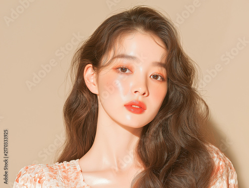 Obraz na płótnie 美容, 女性, 若い女性, スキンケア, 化粧品, ビューティー, 美肌, ポートレート, クローズアップ, メイク, ナチュラルメイク, ツヤ肌, 透明感, モデル, アジア人, 美容広告, コスメ広告, 美容液, 保湿, フェイスケア, 肌ケア, リップメイク, アイメイク, チーク, ブラウンヘア, ロングヘア, ウェーブヘア, ヘアケア, ヘアスタイル, 美容室, ヘアサロン, ファッショ