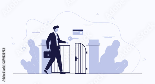 Businessman entering through open gate with key and credit card, symbolizing access and opportunity