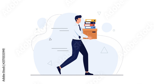 Businessman carrying box with files and binders, fast moving and delivery concept, vector illustration