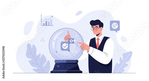 Businessman Foreseeing Future Success with Crystal Ball, Analytics, and Checkmarks